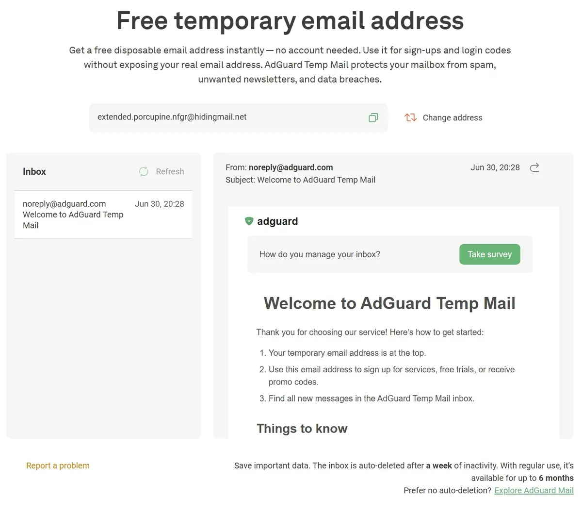 Screenshot of the AdGuard Temp Mail web interface