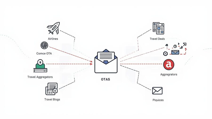 Diagram-style illustration showing different travel websites and apps feeding emails into one user address including airlines online travel agencies deal sites and blogs to explain how many sources contribute to a cluttered travel inbox