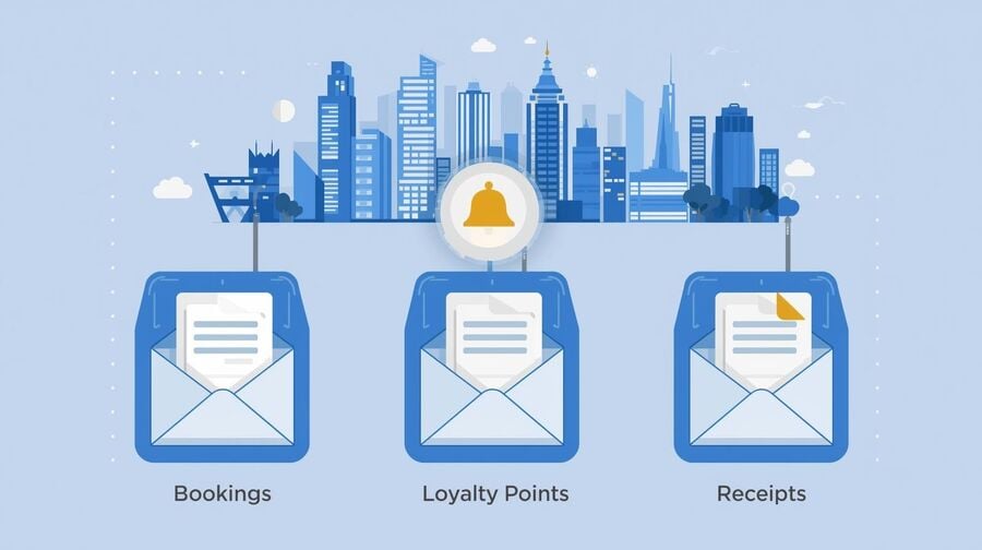 Stylized hotel skyline above three labeled email folders receiving envelopes from a central hotel bell icon showing how travelers can separate hotel bookings loyalty points and receipts into different inboxes using reusable temporary email