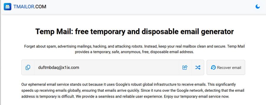 The interface for receiving a temporary email address on the httpstmailorcom website