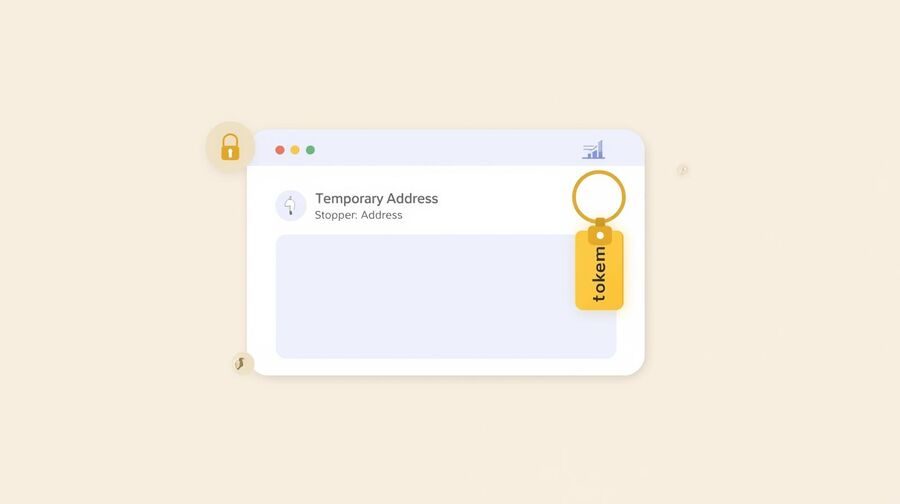 A minimalist inbox card shows a temporary address and a dangling key-tag labeled token Two small iconsa wrench and a lightning bolthint at contractor quotes while the main inbox remains private