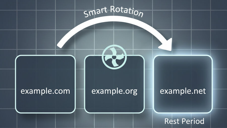 Three domain tiles with varied TLDs a cooling symbol over one tile and a highlighted knowngood tile indicating smart rotation and rest periods to avoid throttling effects