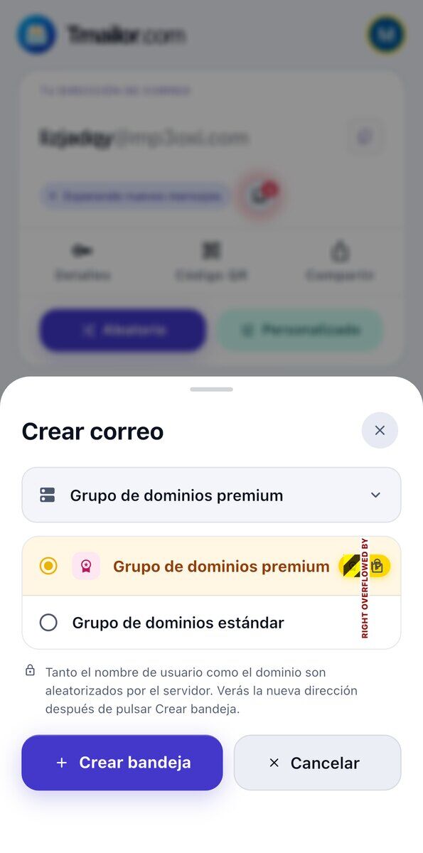 El panel Crear correo en iOS con el Grupo de dominios Premium tras una insignia VIP y un candado y el Grupo de dominios estándar