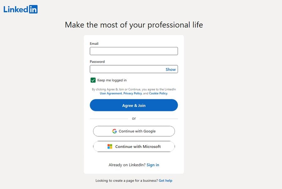 LinkedIn 的註冊頁面