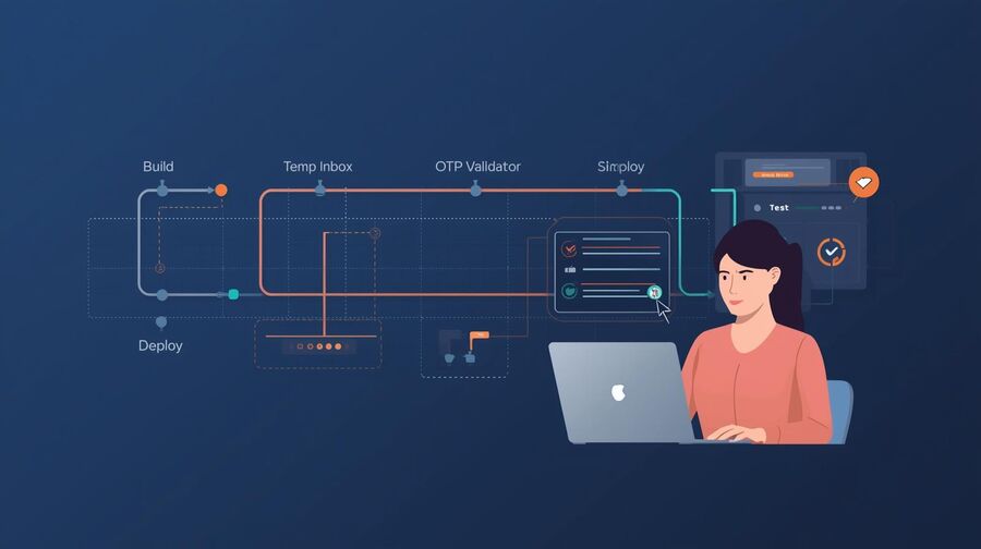 Ang isang diagram ng pipeline ng CI ay nagpapakita ng mga yugto ng pagsubok kabilang ang pagbuo ng temp inbox maghintay para sa email ng pag-verify i-parse ang OTP at magpatuloy sa onboarding na may berdeng mga marka ng tseke sa bawat hakbang