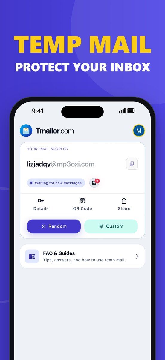 iPhone که صفحه اصلی Tmailor در iOS را با یک آدرس ایمیل یکبارمصرف نشانگر وضعیت در انتظار پیامهای جدید و دکمههای جزئیات کد QR اشتراکگذاری تصادفی و سفارشی نشان میدهد