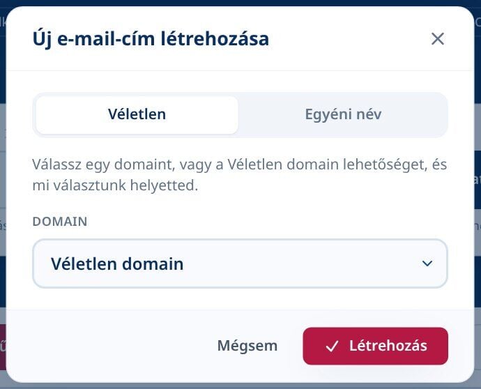 Tmailor Hozzon létre új e-mail cím párbeszédet a Random fül kiválasztásával és egy Random domain legördülő menüvel