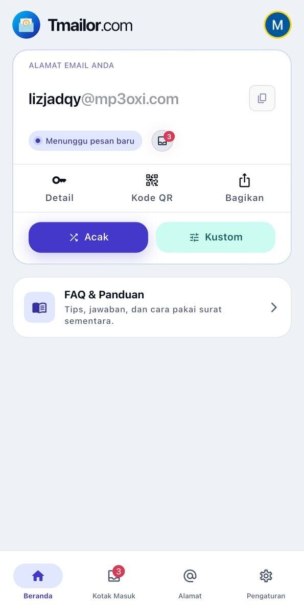 Tab beranda Tmailor iOS yang menampilkan alamat sementara saat ini dengan tombol salin label status bertuliskan Menunggu pesan baru pintasan Detail Kode QR dan Bagikan serta bilah navigasi bawah