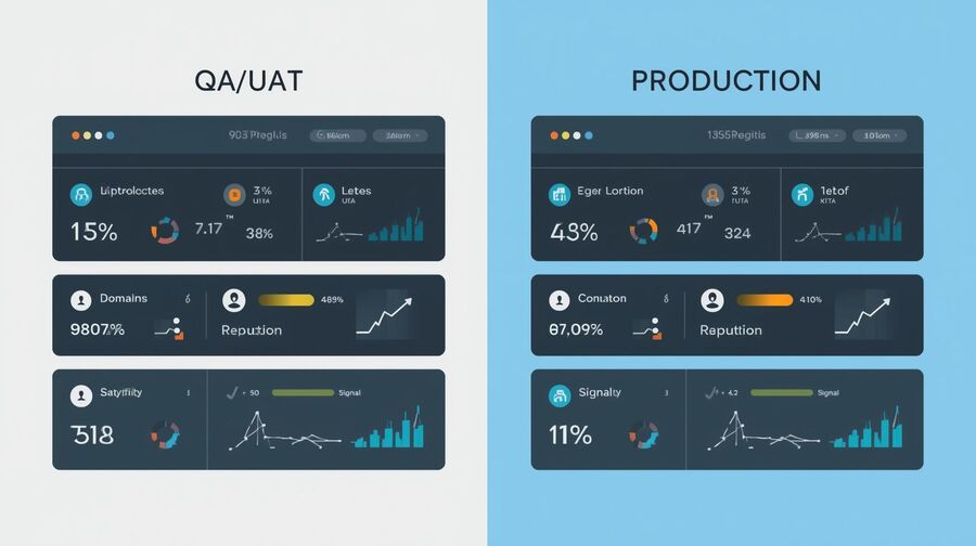 Две соседние среды с обозначениями QAUAT и Production каждая с отдельными доменами и плитками метрик показывающими чёткое разделение сигналов и репутации