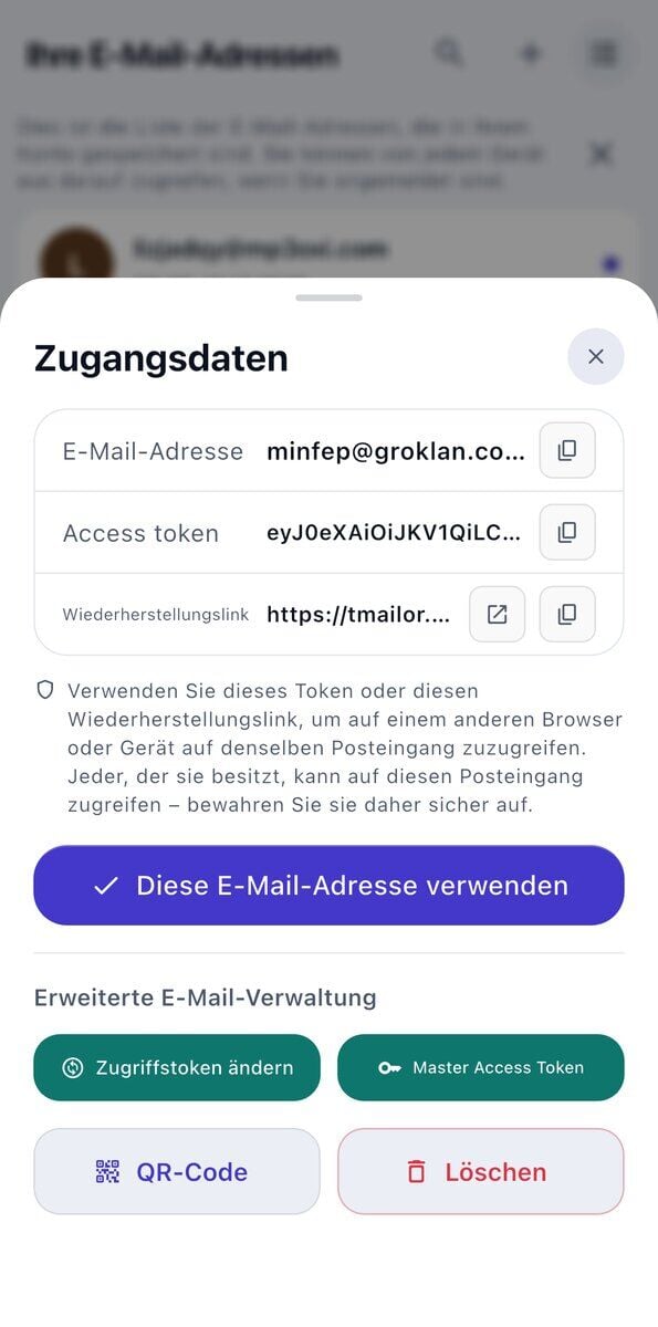 Das Blatt Zugangsdaten unter iOS mit der E-Mail-Adresse dem Zugangstoken dem Wiederherstellungslink einem Hinweis diese sicher aufzubewahren und der Schaltfläche Diese E-Mail-Adresse verwenden