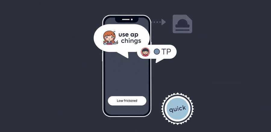 A smartphone and a chat bubble with a small bot avatar showing a onetap copy chip and a delivered OTP badge to emphasize low friction while traveling or multitasking