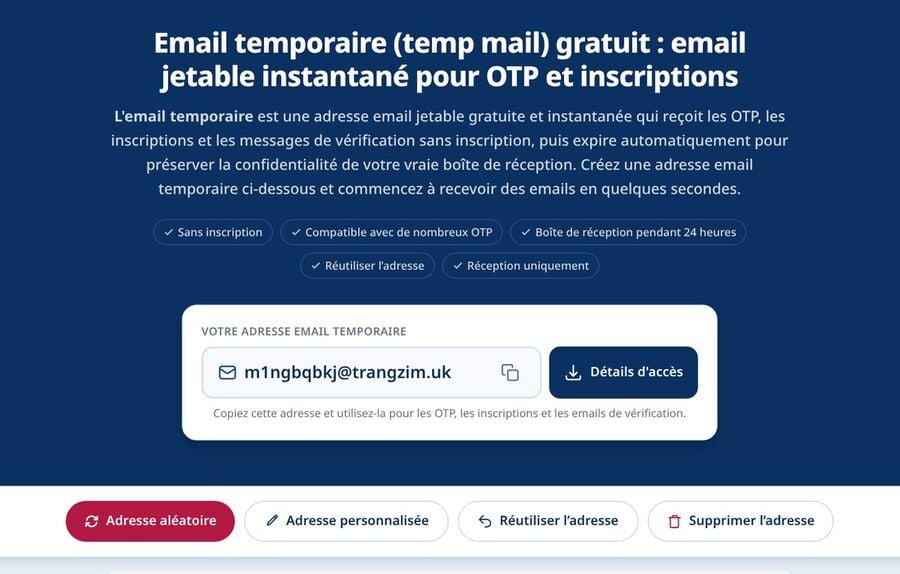 La page daccueil de Tmailor avec une adresse e-mail jetable générée automatiquement et prête à copier un bouton Détails daccès à côté et les boutons Adresse aléatoire Adresse personnalisée Réutiliser ladresse et Supprimer ladresse en dessous