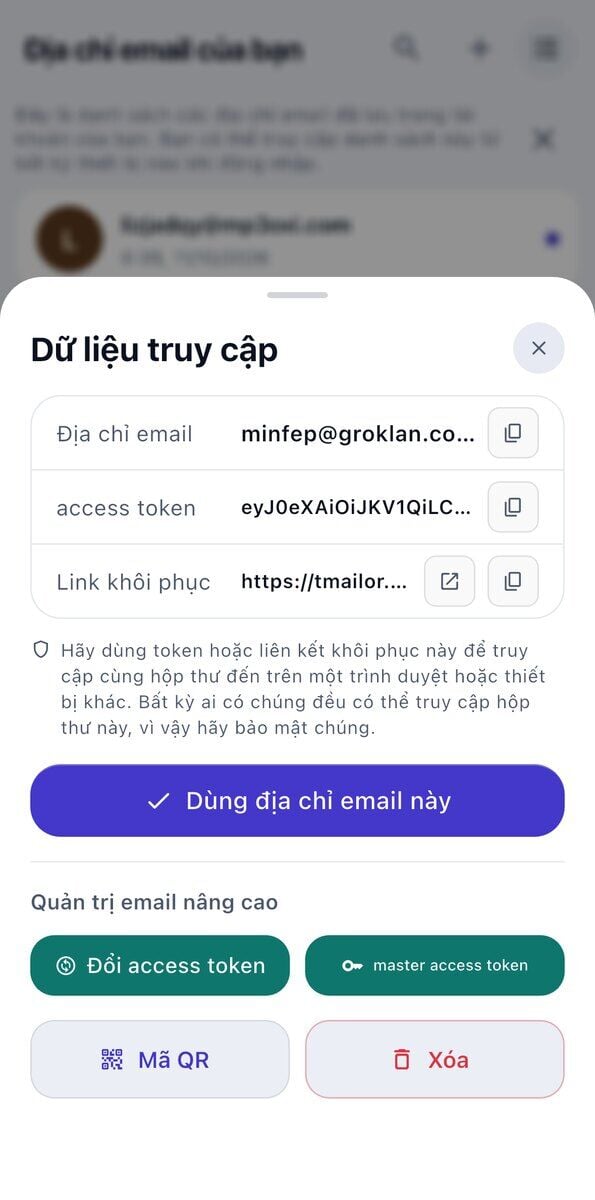 Bảng Thông tin truy cập trên iOS hiển thị địa chỉ email Access Token Liên kết khôi phục lời nhắc giữ chúng an toàn và nút Dùng địa chỉ email này