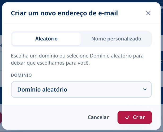 Tmailor Criar um novo diálogo de endereço de e-mail com a aba Aleatória selecionada e um menu suspenso Domínio aleatório
