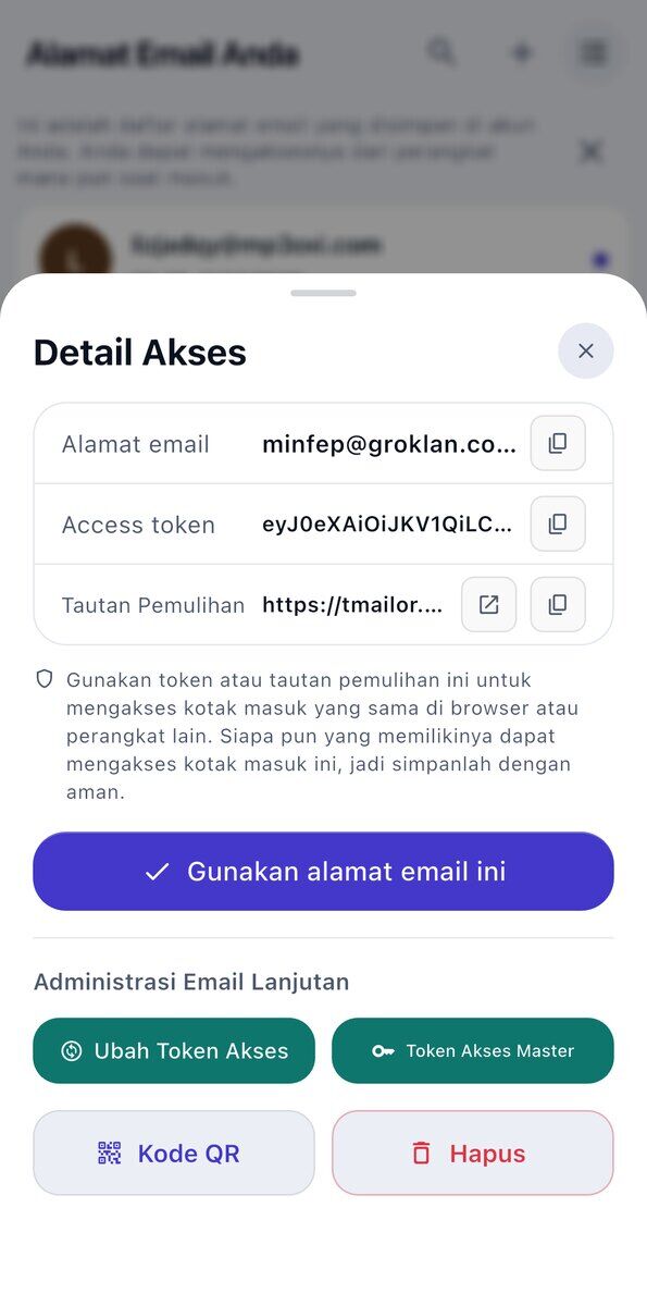 Panel Detail Akses di iOS yang menampilkan alamat email Token Akses Tautan Pemulihan catatan untuk menyimpannya dengan aman dan tombol Gunakan alamat email ini