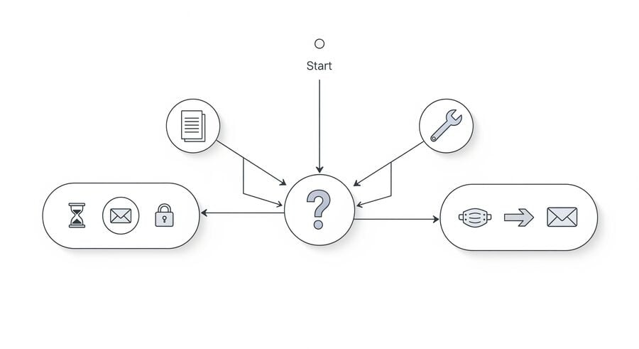 Diagramma di flusso solo a icone che guida la scelta tra Posta temporanea e posta elettronica usa e getta