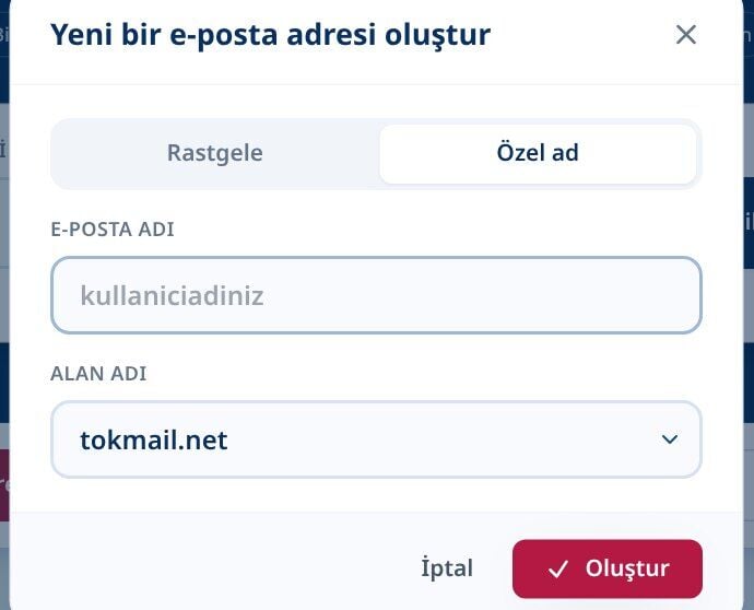 Tmailor Özel isim sekmesinde yeni bir e-posta adresi diyalogu oluştur e-posta adı alanı ve bir alan adı açılır menüsünü