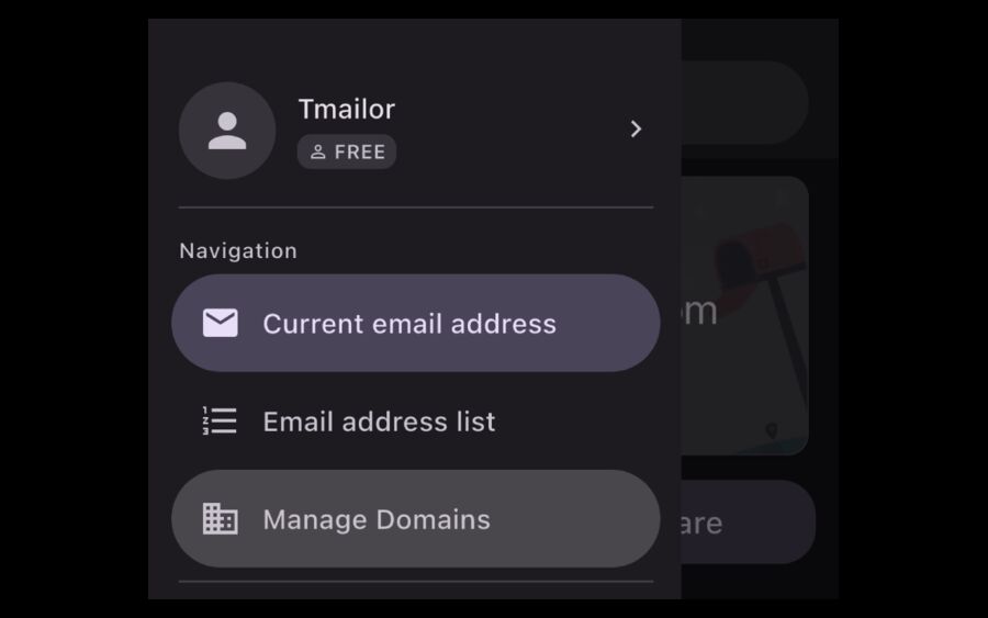 Tmailor mobile navigation menu showing the Manage Domains entry used to open custom domain settings