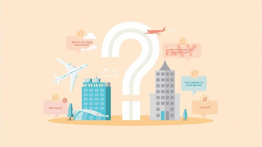 Vector illustration of a large question mark above travel icons like a plane hotel and email envelope with small speech bubbles containing common questions symbolizing frequently asked questions about using temporary email for travel deals and bookings