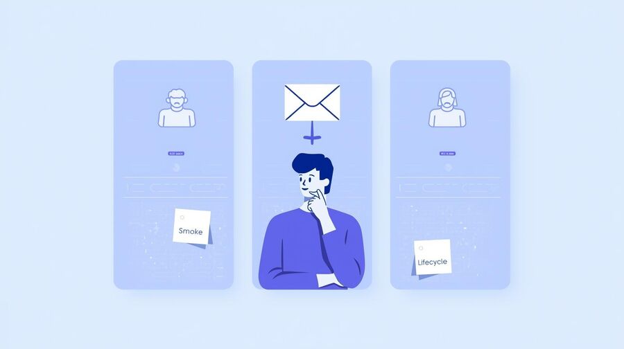 Tatlong panel ang naghahambing ng ibinahaging inbox inbox ng bawat pagsubok at magagamit muli na inbox ng persona habang ang isang inhinyero ng QA ay nagpapasya kung aling pattern ang gagamitin para sa paparating na mga suite ng pagsubok sa pag-sign up