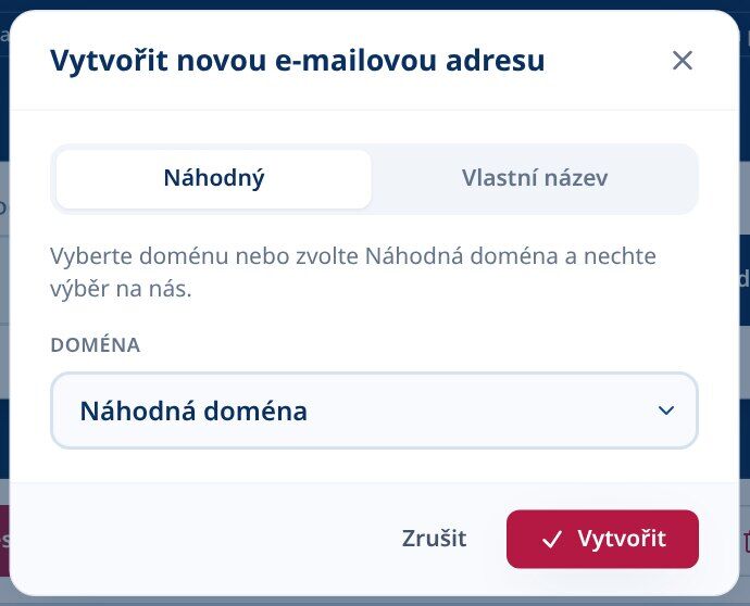 Tmailor Vytvořte novou e-mailovou stránku s vybranou záložkou Náhodné a rozbalovacím seznamem Náhodná doména