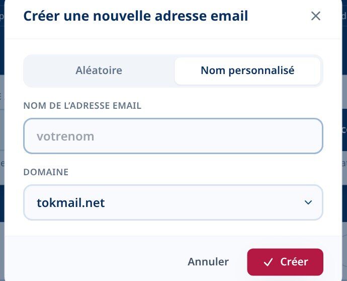 Tmailor Créez une nouvelle adresse e-mail dans longlet Nom personnalisé avec un champ Nom Email et un menu déroulant Domaine