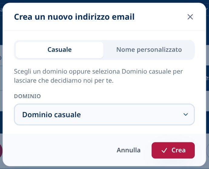 Tmailor Crea una nuova finestra di dialogo con un nuovo indirizzo email selezionata nella scheda Casual e un menu a tendina Dominio casuale
