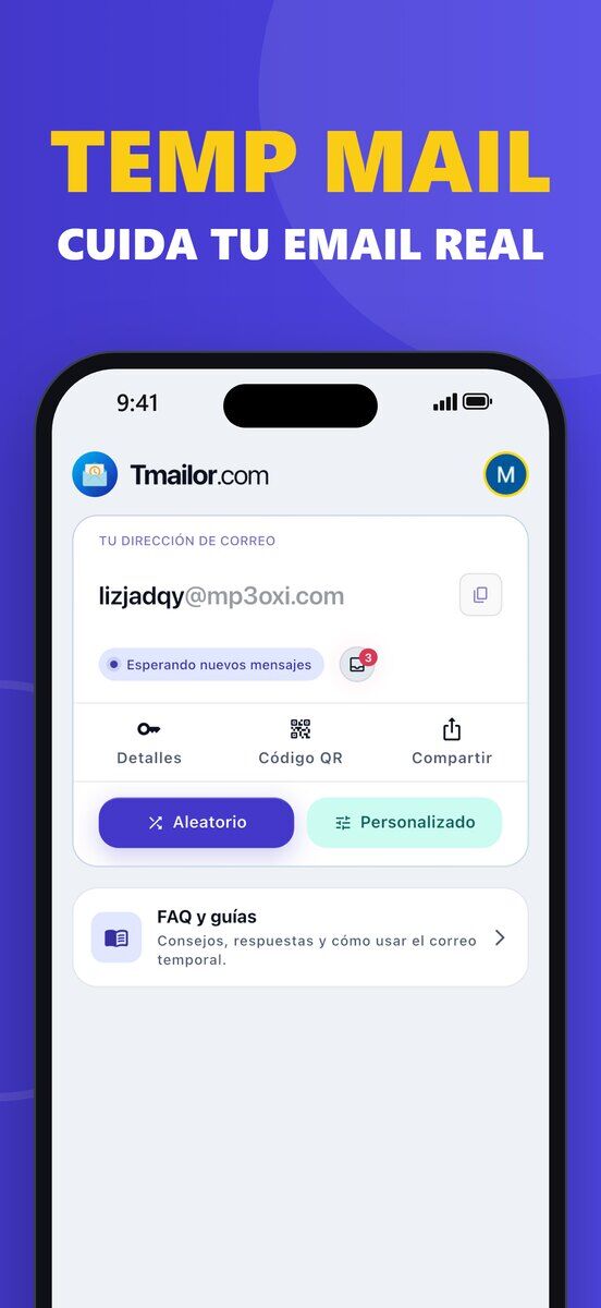 iPhone con la pantalla de inicio de Tmailor para iOS una dirección de correo desechable el estado Esperando nuevos mensajes y los botones Detalles Código QR Compartir Aleatoria y Personalizada