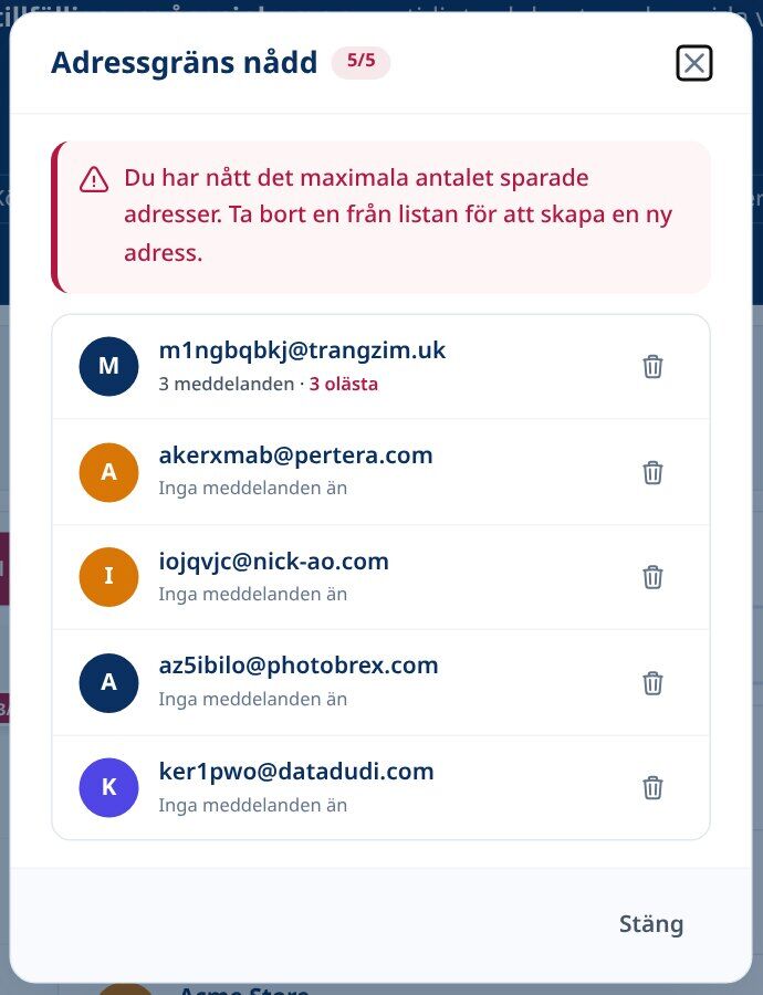 Tmailor-adressgränsen nåds en dialog med fem sparade engångsadresser var och en med en raderingsknapp