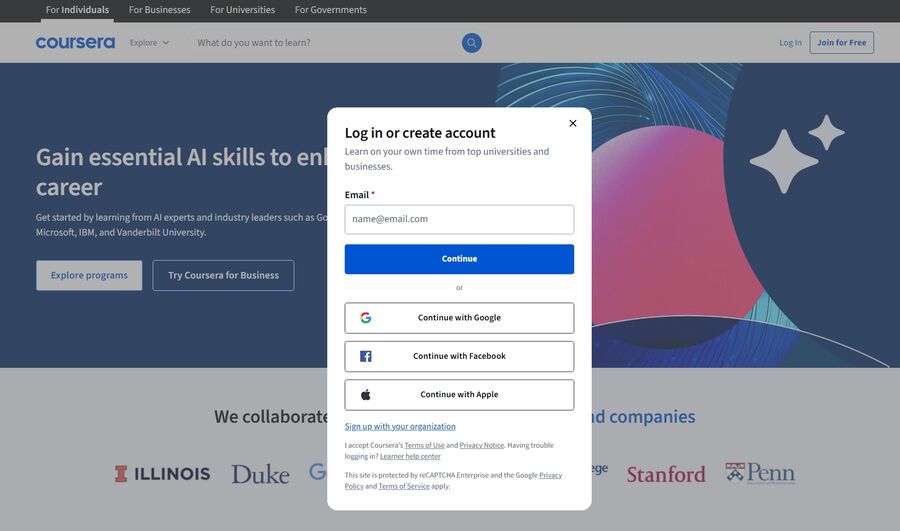 Pahina ng pag-signup ng Coursera