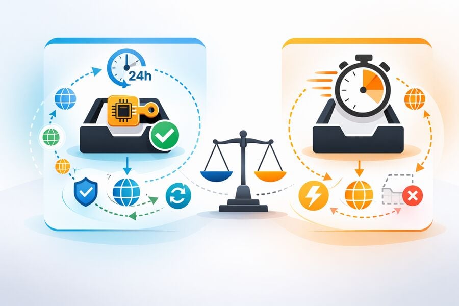 Thẻ biểu tượng cạnh nhau so sánh hộp thư đến liên tục và hộp thư đến theo thời gian theo các tiêu chí như tốc độ tái sử dụng nhóm tên miền và độ tin cậy của OTP theo kiểu vectơ sạch