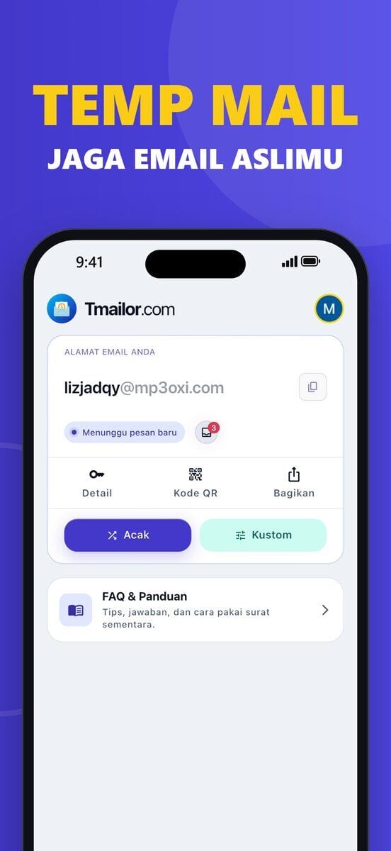 iPhone yang menampilkan layar beranda Tmailor iOS dengan alamat email sekali pakai label status Menunggu pesan baru serta tombol Detail Kode QR Bagikan Acak dan Kustom