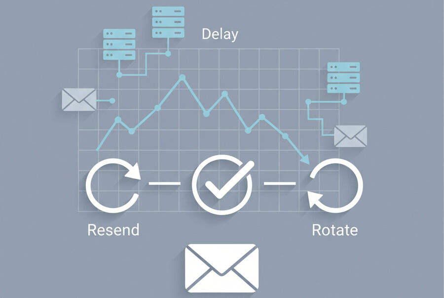 A simplified inbox timeline shows two disciplined resend intervals and a single domain rotation highlighting fewer delays at peak time and a downward trend in arrival latency