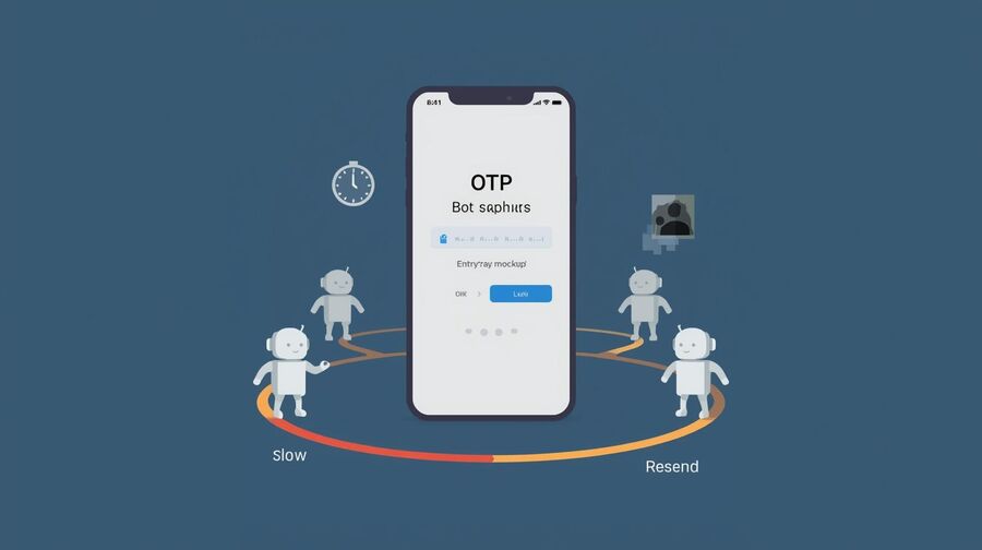Ang isang mobile phone ay nagpapakita ng isang screen ng pag-input ng OTP na may mga icon ng babala para sa pagkaantala maling code at limitasyon sa muling pagpapadala habang ang mga script ng QA ay ginagaya ang maraming mga pagtatangka sa pag-sign-in