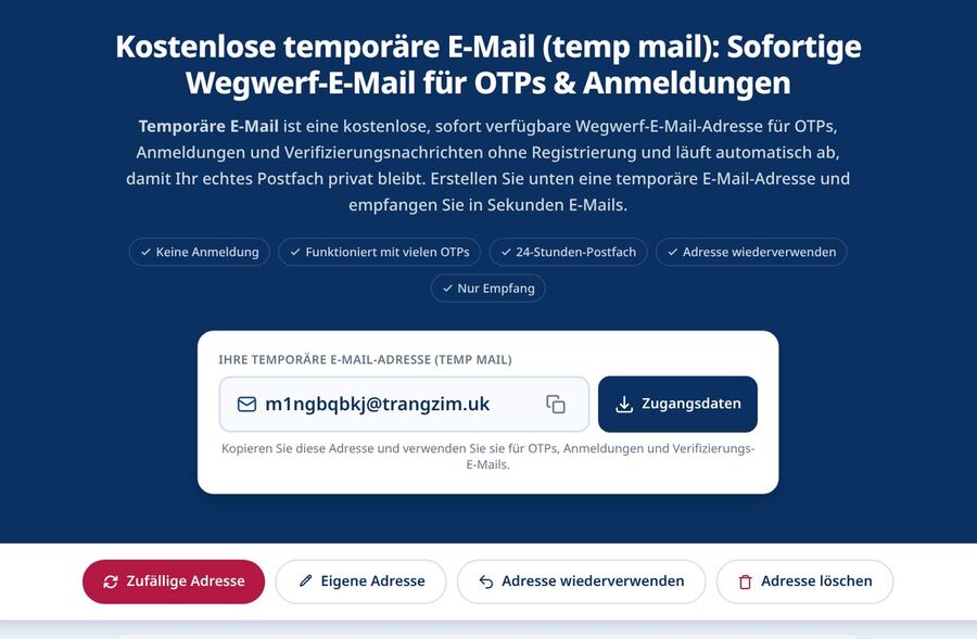 Die Tmailor-Startseite generiert automatisch eine zufällige entbehrliche temporäre E-Mail-Adresse die in das Facebook-Anmeldeformular kopiert und eingefügt werden kann um ein neues Konto zu verifizieren ohne einen persönlichen Posteingang zu verwenden