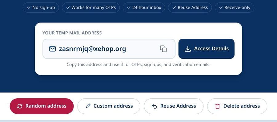 Tmailor web inbox with a randomly generated temp mail address an Access Details button and buttons for a random custom reused or deleted address
