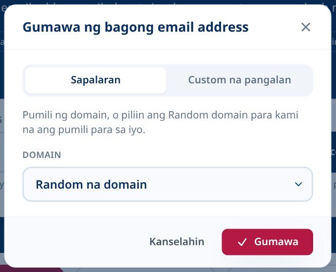 Tmailor Lumikha ng isang bagong dialog ng email address gamit ang Random na tab na pinili at isang pagpipilian sa Random domain