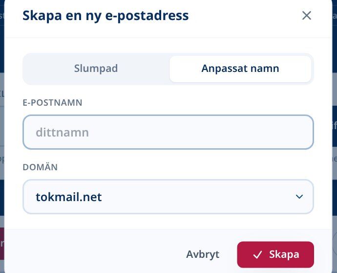 Tmailor Skapa en ny e-postadress på fliken Anpassat namn med ett e-postnamnsfält och en rullgardinsmeny för domänen