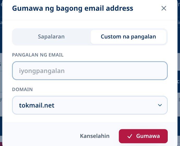 Tmailor Lumikha ng isang bagong dialog ng email address sa tab na Pasadyang pangalan na may isang patlang ng pangalan ng email at isang dropdown ng domain