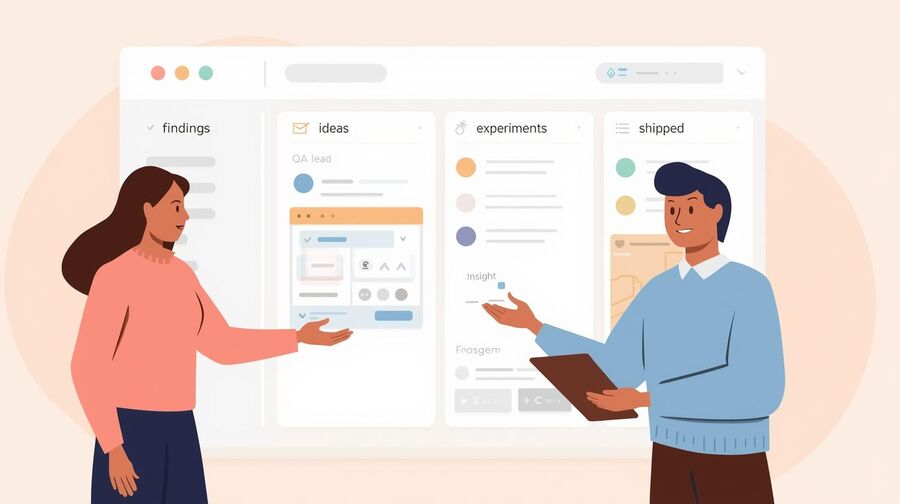 Ang isang roadmap board ay nag-uugnay sa mga natuklasan ng QA mula sa mga pansamantalang pagsubok sa mail hanggang sa mga backlog card ng produkto na nagpapakita kung paano ang mga isyu sa pag-sign up ay nagiging mga prayoridad na pagpapabuti