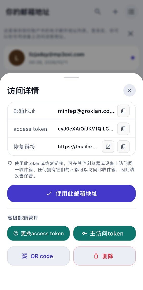iOS 上的访问详情面板显示邮箱地址访问令牌恢复链接妥善保管的提示以及使用此邮箱地址按钮