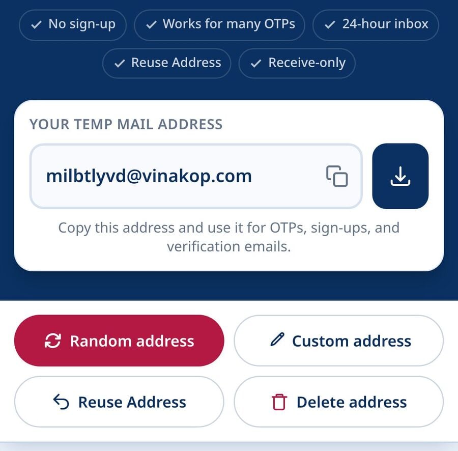 Tmailor on a phone showing a randomly generated temp mail address with labels for no sign-up a 24-hour inbox address reuse and receive-only mail