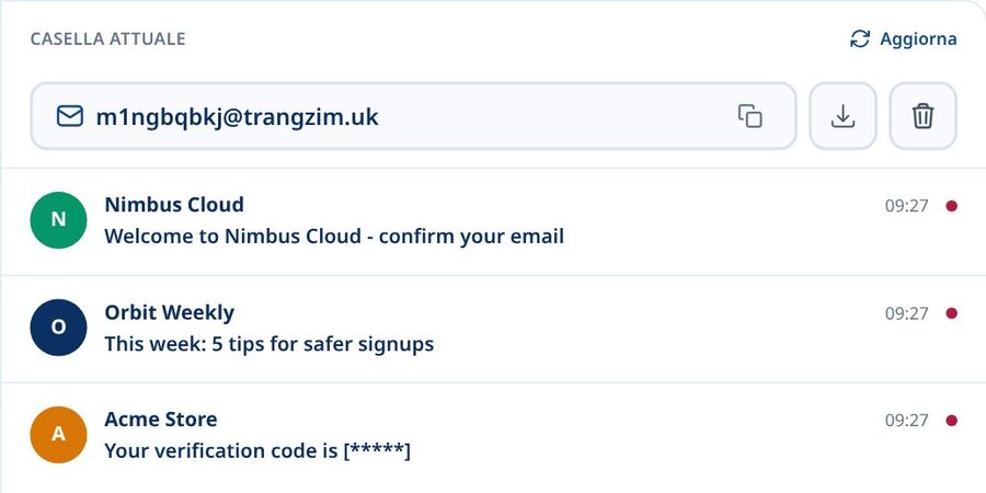 Il pannello Current Inbox di Tmailor mostra lindirizzo attivo con icone copia download e cancella e un pulsante Aggiorna