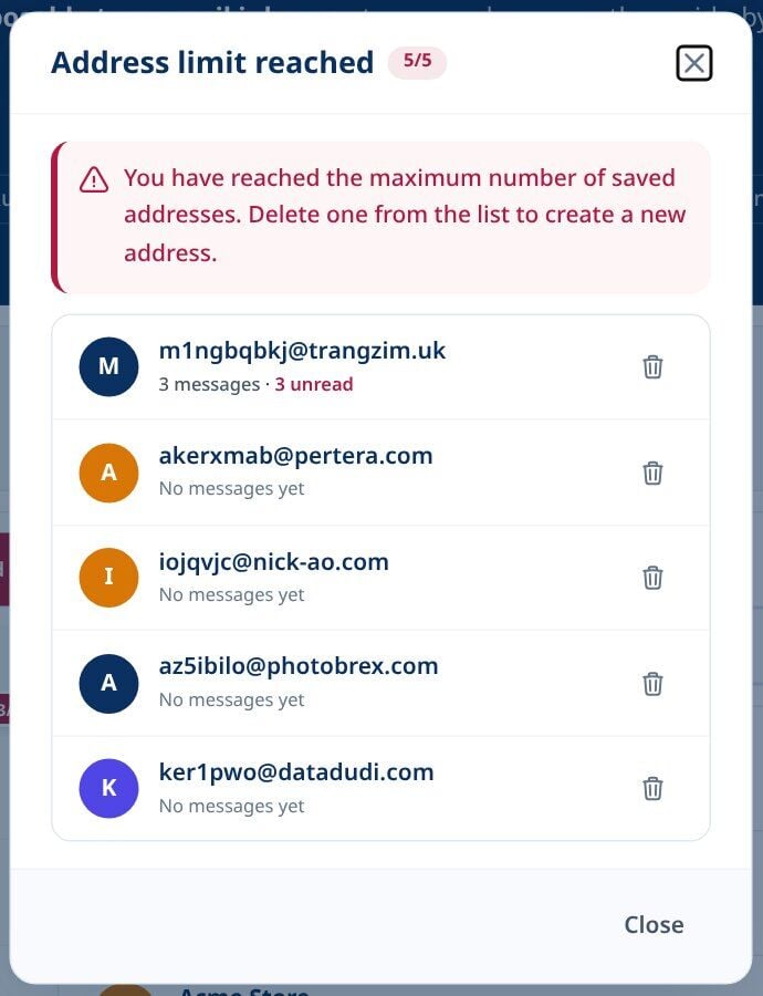 Tmailor Address limit reached dialog listing saved disposable addresses each with a delete button