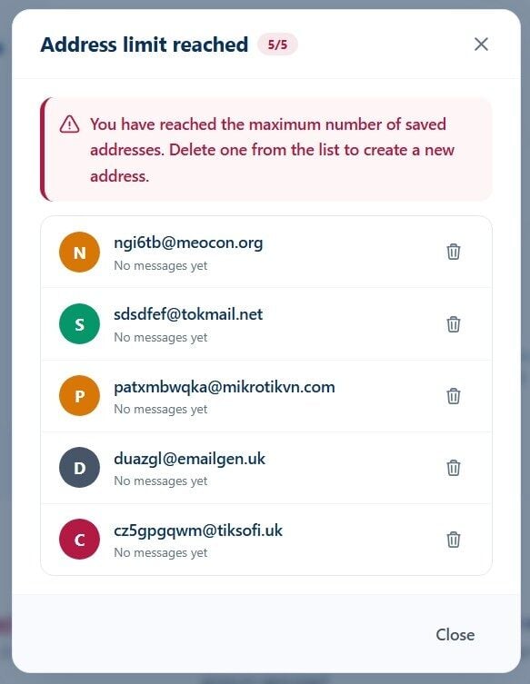 Tmailor Address limit reached dialog listing saved disposable addresses each with a delete button