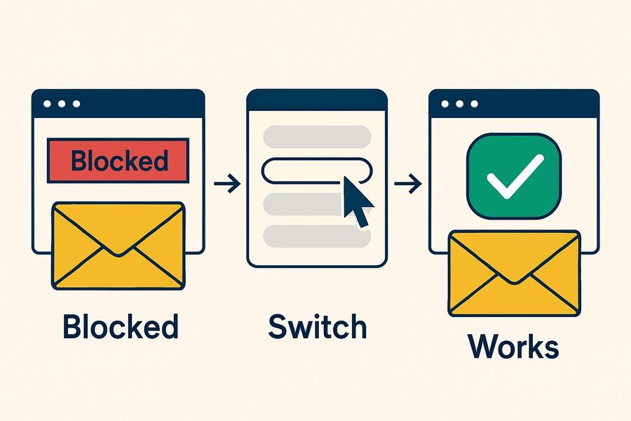 Illustration of a three-stage flow an address rejected at a signup gate a switch to a different domain then the same address accepted