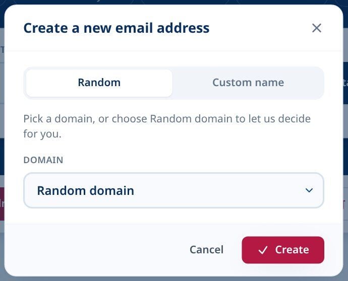Tmailor Create a new email address dialog with the Random tab selected and a Random domain dropdown