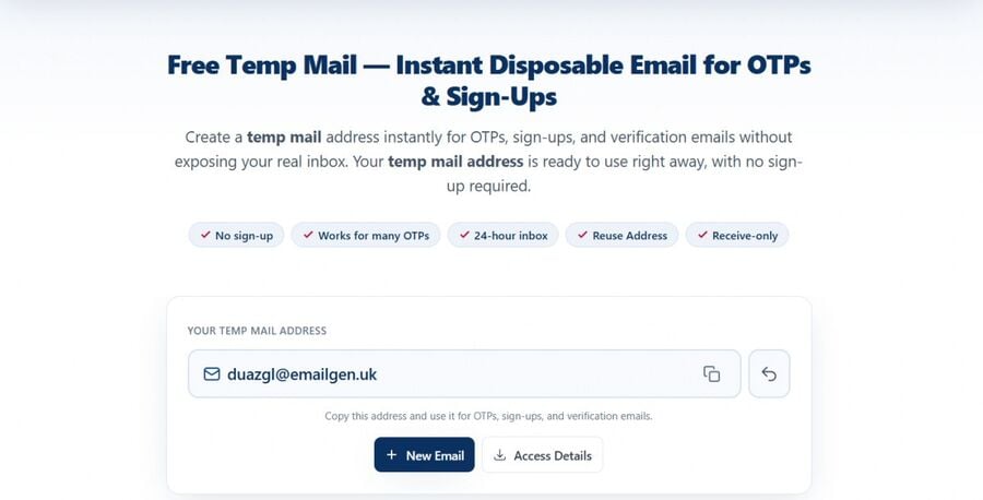 Tmailor Current Inbox panel showing the active address with copy download and delete icons and a Refresh button