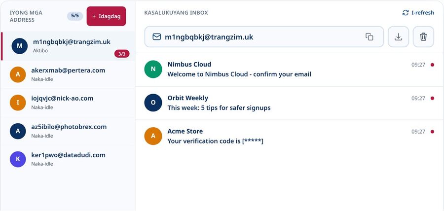 Tmailor maramihang pansamantalang mail dashboard na may limang disposable inbox sa sidebar at ang aktibong inbox bukas sa kanan