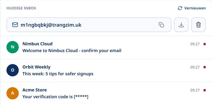 Tmailor Current Inbox-paneel dat het actieve adres toont met kopieer- download- en verwijderpictogrammen en een Ververs-knop